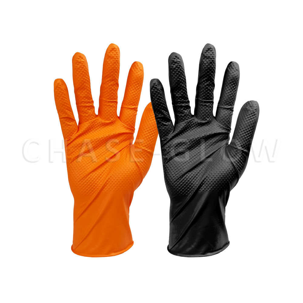 工業級鑽石紋NBR丁腈手套，獨特立體鑽石紋路提供卓越的乾濕抓握力，即使面對油脂與液體仍能穩定操作。極厚材質具備優異的抗穿刺與耐化學性，適用於多種工業環境如機械製造、汽車維修。鑽石紋NBR手套、極厚NBR手套、工業級丁腈手套、一次性止滑手套