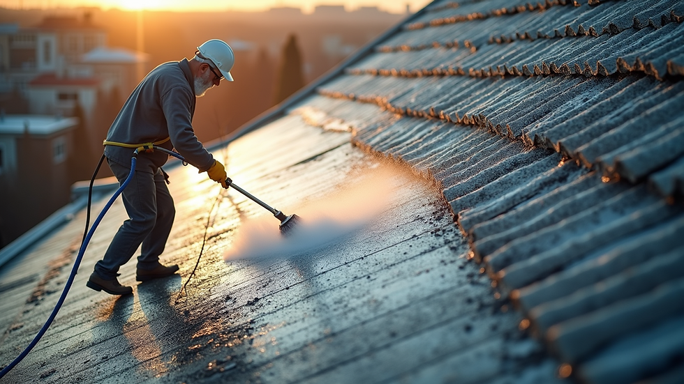 High angle view of a professional cleaning a roof with soft washing equipment