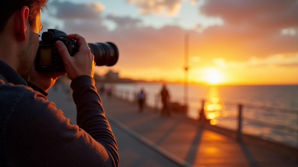 Eye-level view of a photographer capturing a sunset at Geelong waterfront