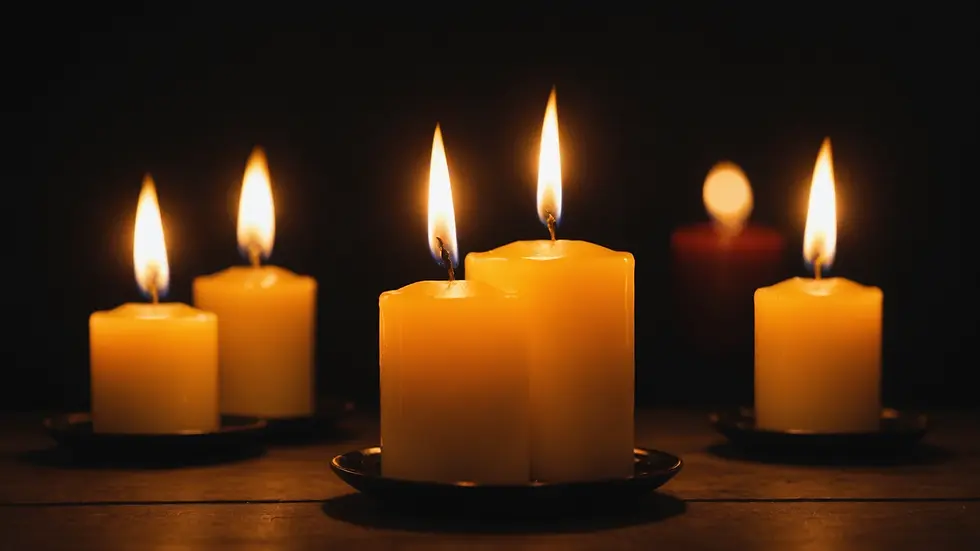 Close-up of a glowing candle on a dark altar