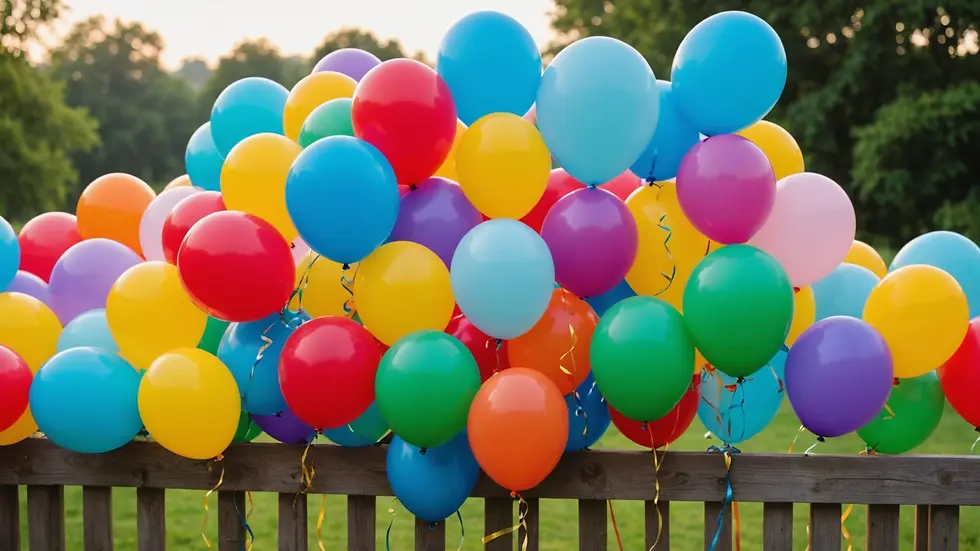Eye-level view of colorful balloons tied to a fence at a fundraising event