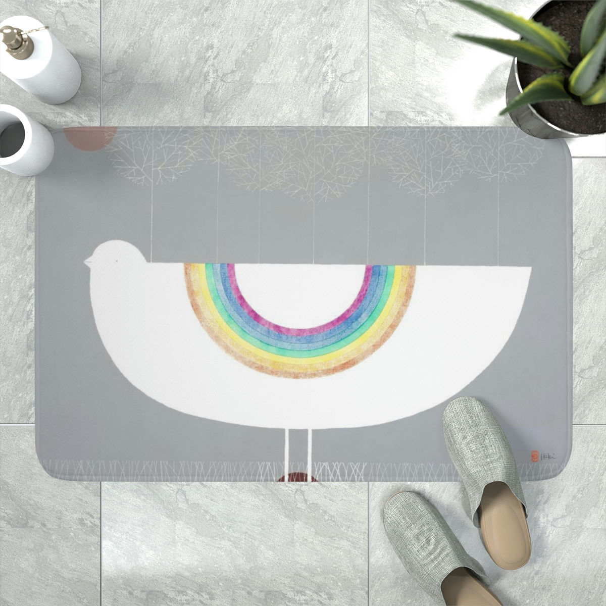 Sun, Moon, and Rainbow Bird by Ikki Matsumoto Memory Foam Bath Mat