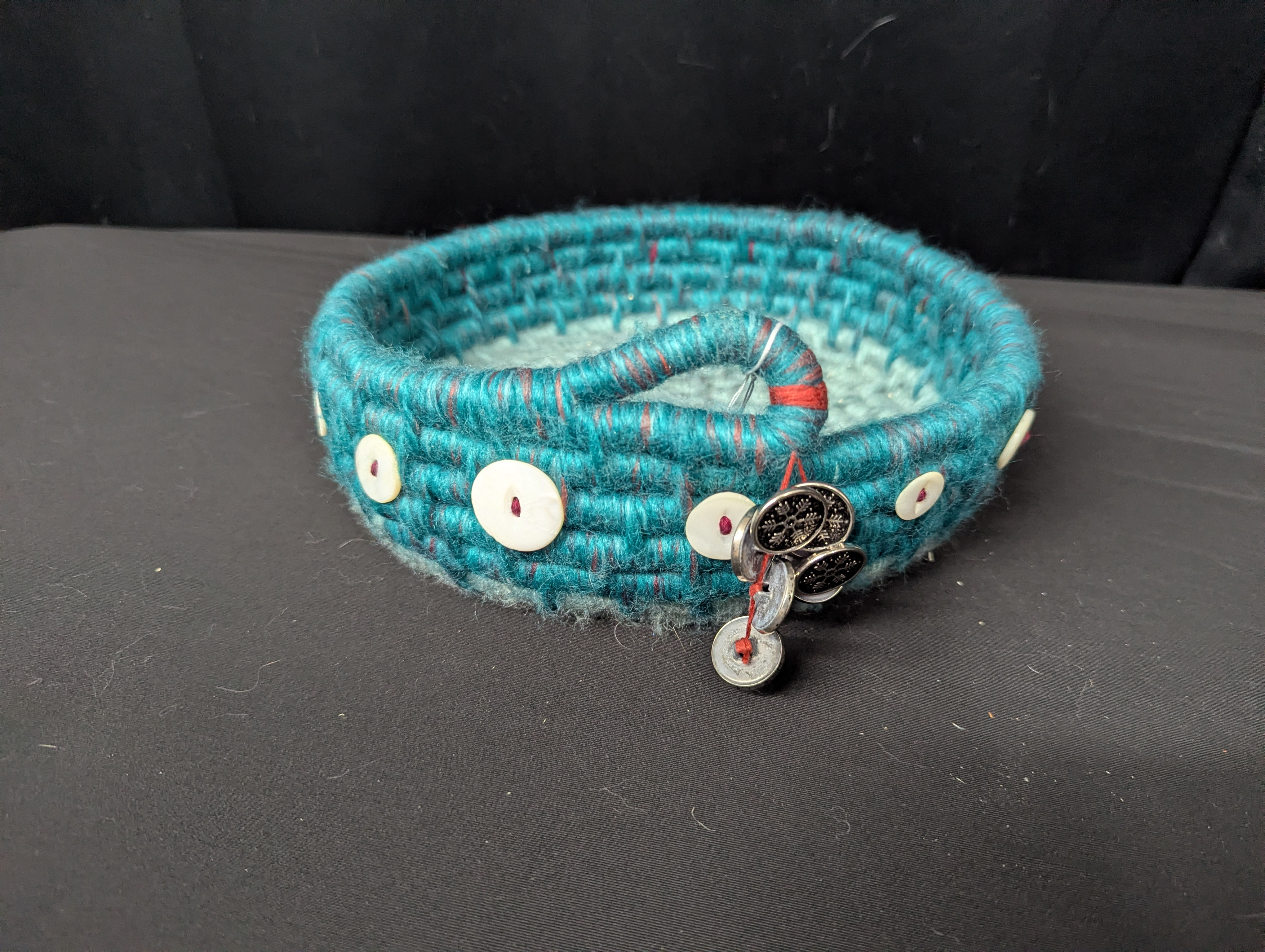 Hand-coiled Teal yarn basket by Amy Matsumoto