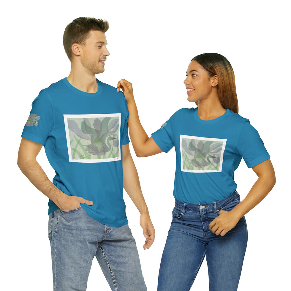 Thumbnail: Blue Bird Purple Flower Unisex Jersey Short Sleeve Tee by Ikki Matsumoto