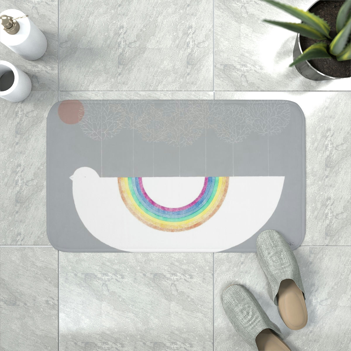 Sun, Moon, and Rainbow Bird by Ikki Matsumoto Memory Foam Bath Mat