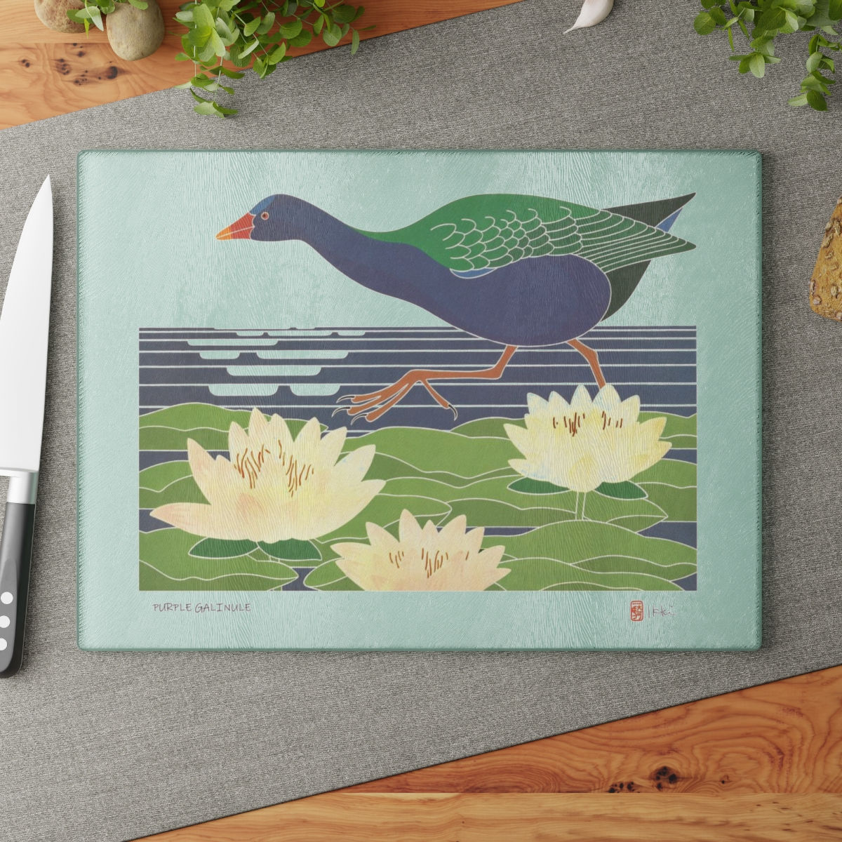 Purple Gallinule by Ikki Matsumoto Glass Cutting Board