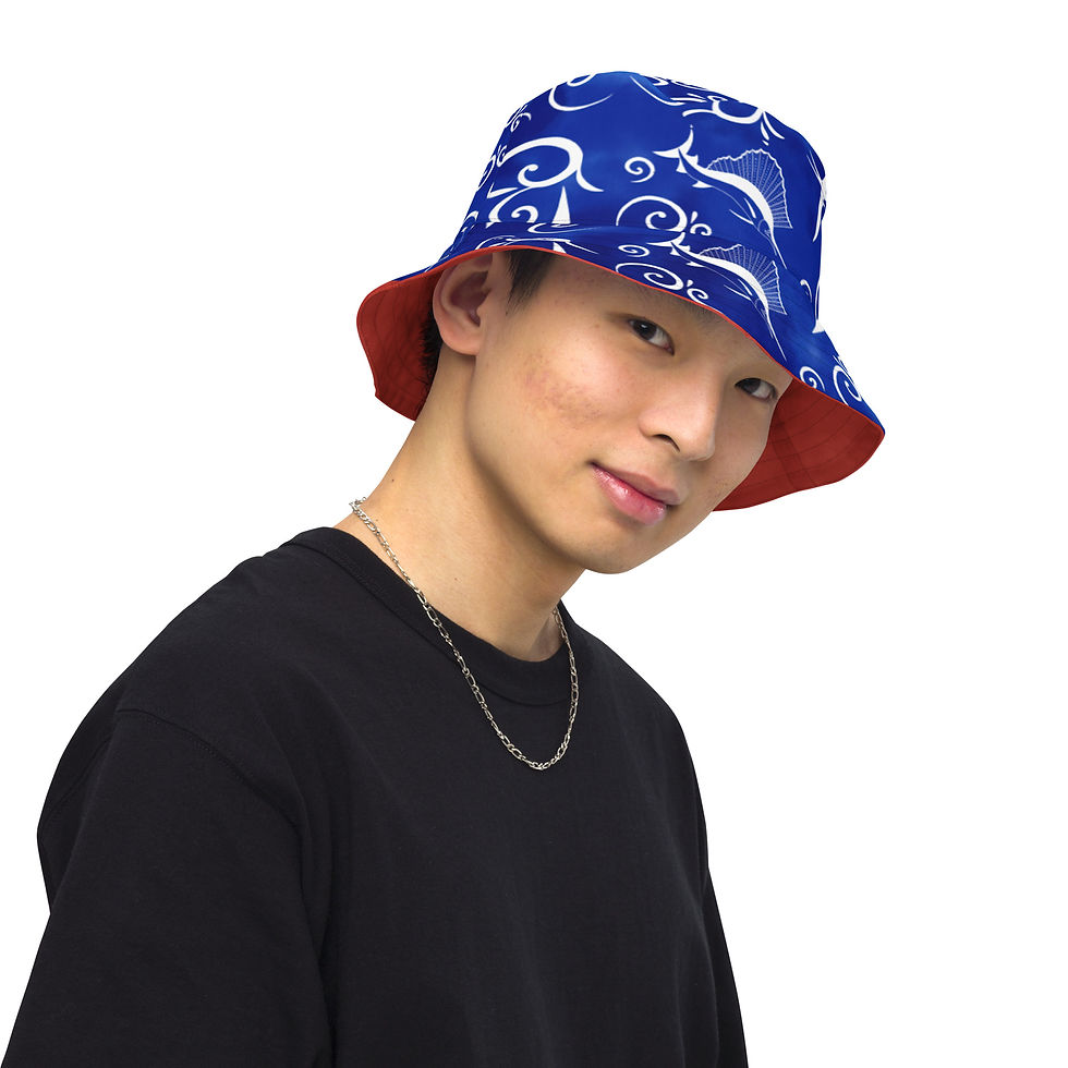 Thumbnail: Swirls, Skimmers, and Swordfish by Ikki Matsumoto Reversible bucket hat