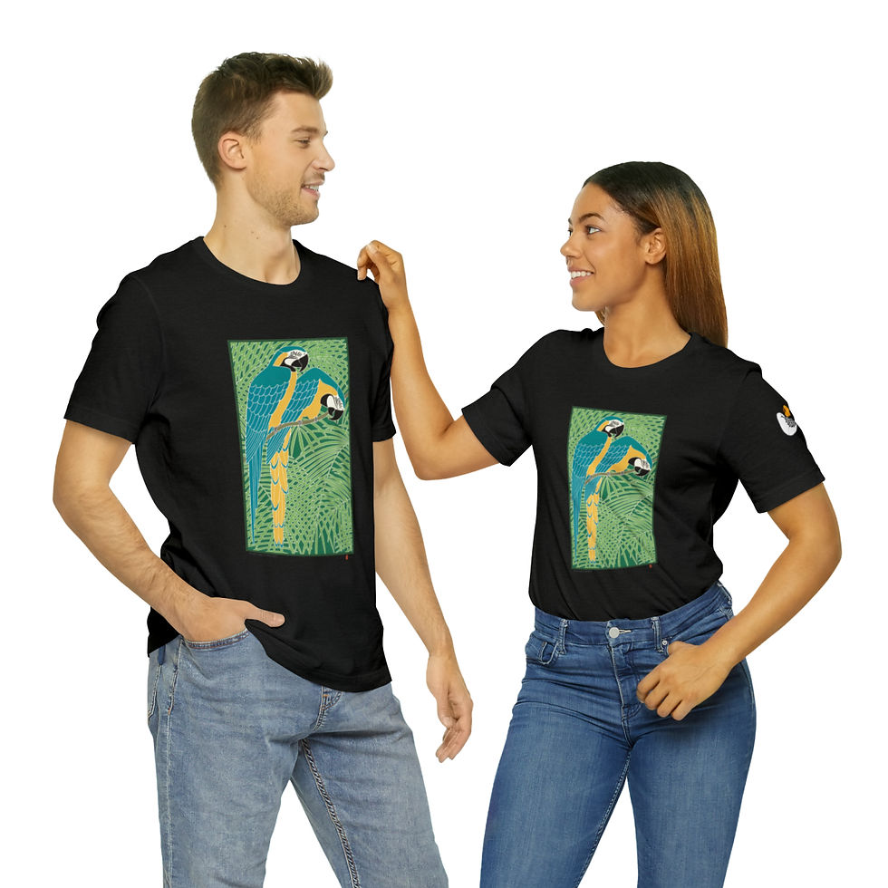 Thumbnail: Blue and Gold Macaws Unisex Jersey Short Sleeve Tee by Ikki Matsumoto