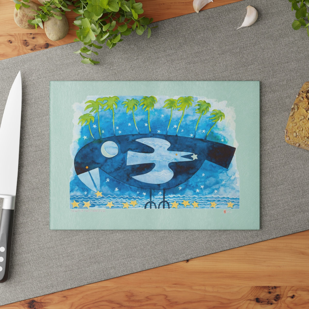 Night of the Starry Fish by Ikki Matsumoto Glass Cutting Board