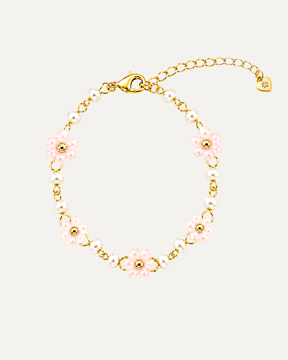 Pretty Pearls Pink Flower Bracelet with 14k Gold-plate 925 Silver Clasp