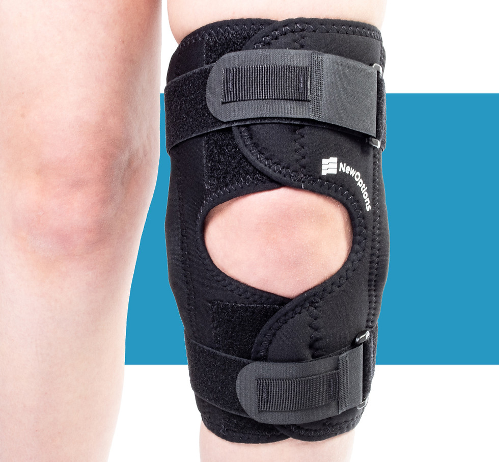 Close-up of a KC64-PC knee brace worn on a woman’s knee.