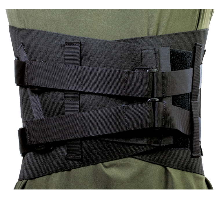 Close up view of the New Options Lumbosacral Corset Orthosis (LC10) black lumbar support belt with adjustable straps on a person.