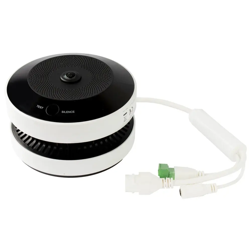 Vista frontal de la Mini Fisheye IP 4MP HIKVISION HF-VS409 | Detector Humo, Alarma, Visión Nocturna 15Mts | Batería De Respal