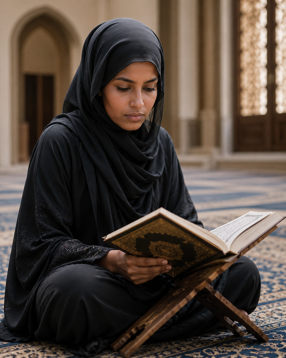 Muslim woman wearing a khimar reading the Qur’aan in a mosque