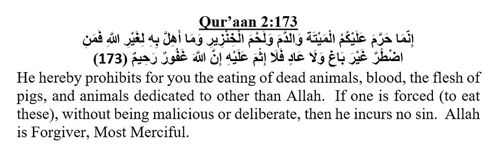 Qur’aan 2:173 discussing the prohibition of pig flesh