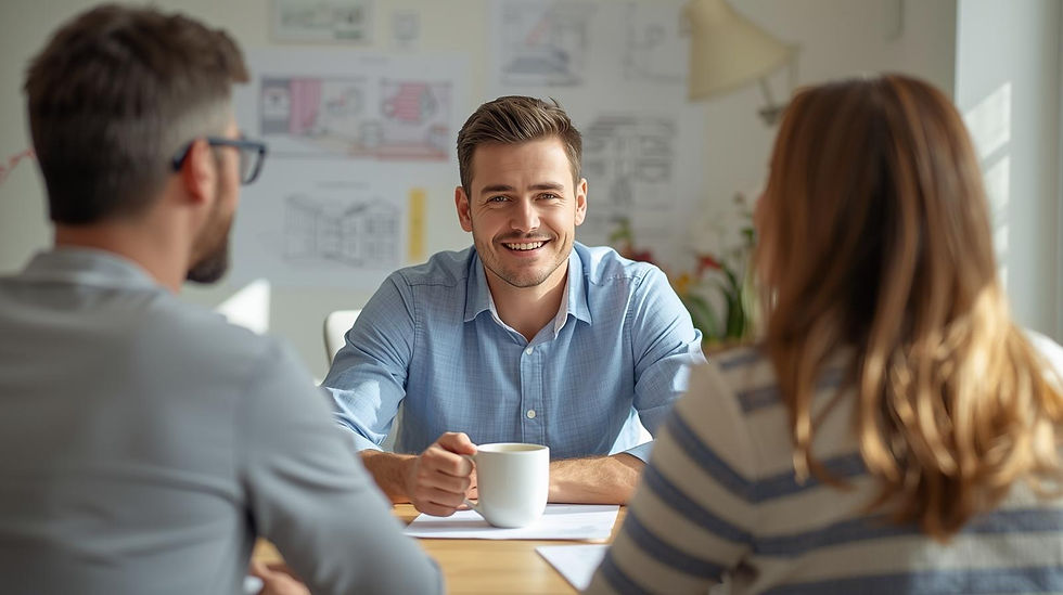 Three people in a bright office, with two facing a smiling man holding a coffee mug. Background shows architectural sketches. Relaxed mood.