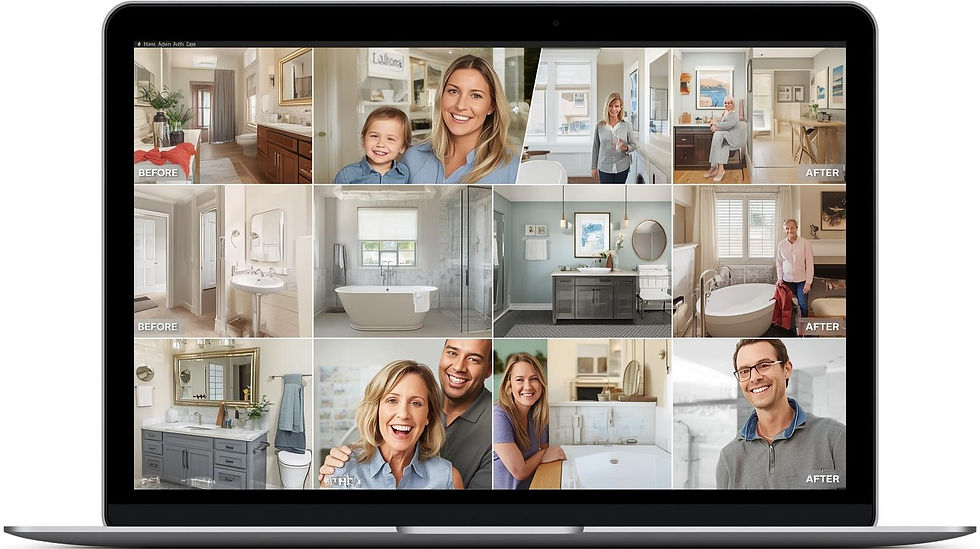 Laptop screen showing before and after bathroom remodels. Smiling people with updated, stylish interiors. Labels "BEFORE" and "AFTER".