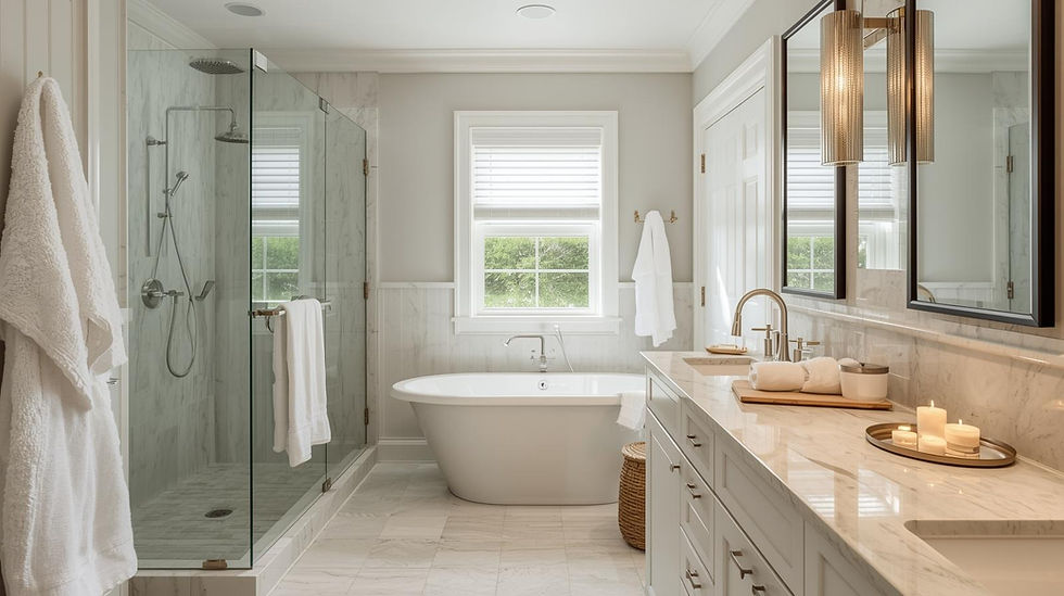 Luxurious bathroom with a glass shower, freestanding tub, and candles on a marble counter. Soft lighting, white towels, and a serene view.