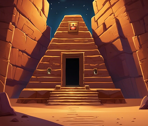 At night, the doorway to an ancient pyramid with a walkway stretching out before you. with