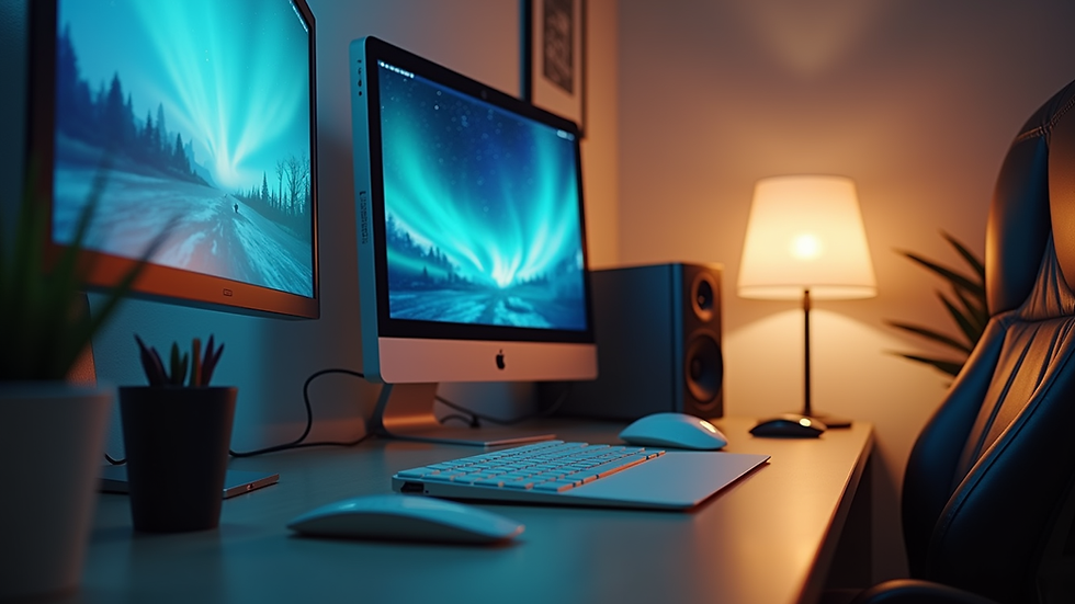 Eye-level view of a modern workspace with a sleek computer setup