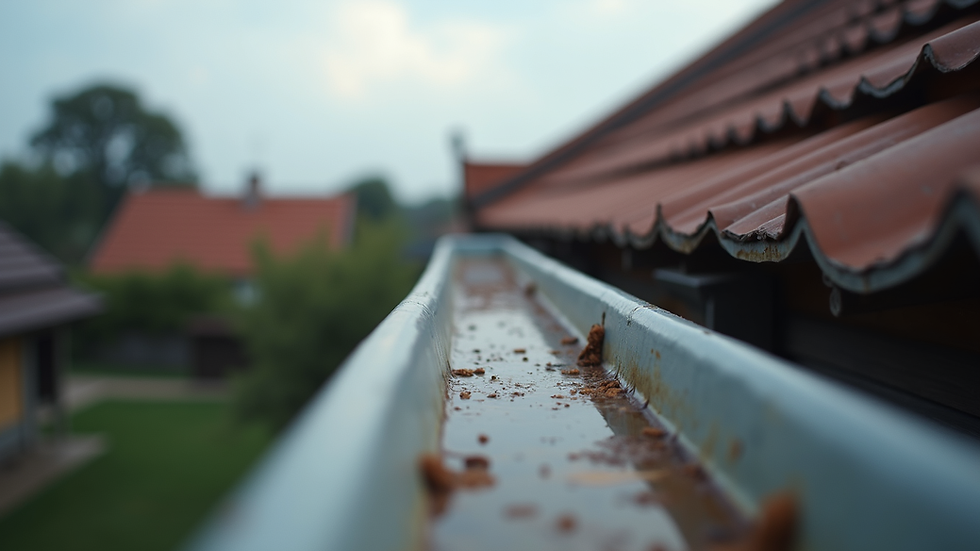 Eye-level view of a long gutter on a residential roof