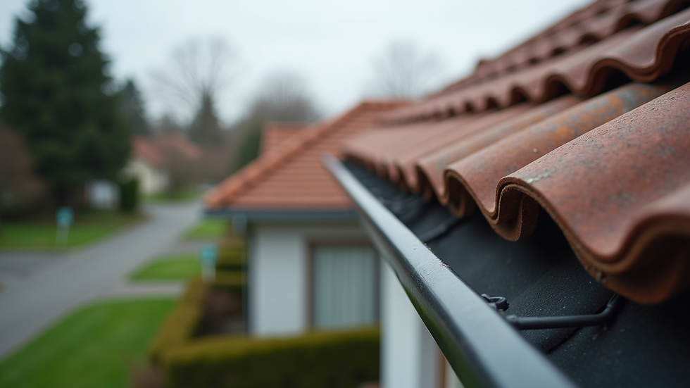 Eye-level view of a tiled roof with visible gutters in a suburban area