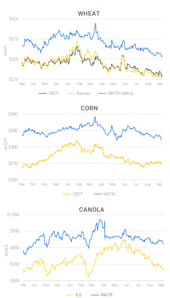 Chart including Wheat CBOT prices, Wheat Black Sea prices, Canola ICE prices and Canola MATIF prices