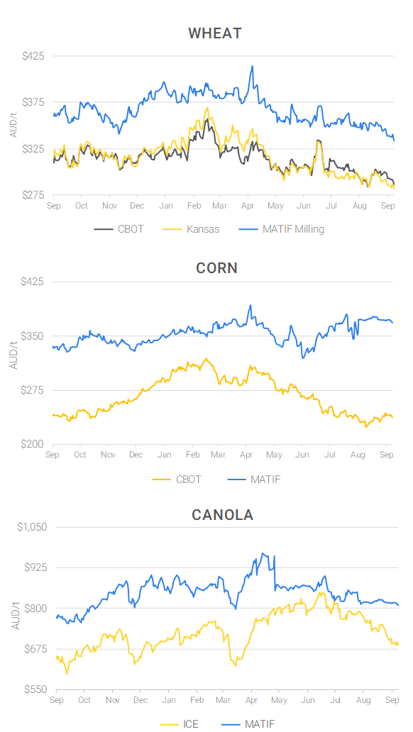 Chart including Wheat CBOT prices, Wheat Black Sea prices, Canola ICE prices and Canola MATIF prices