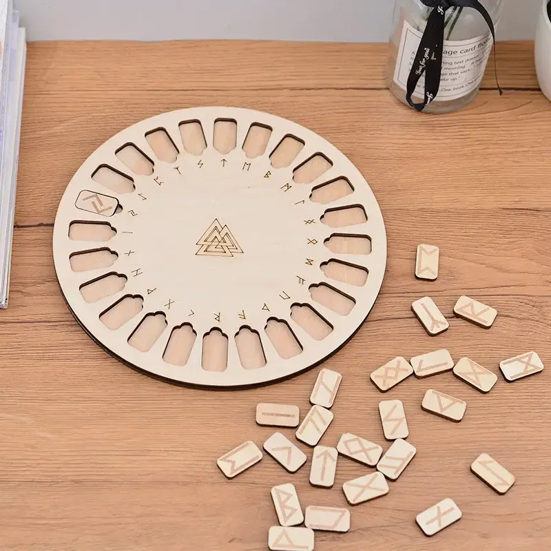 Thumbnail: Wooden Elder Futhark rune set and rune board placed on altar surface
