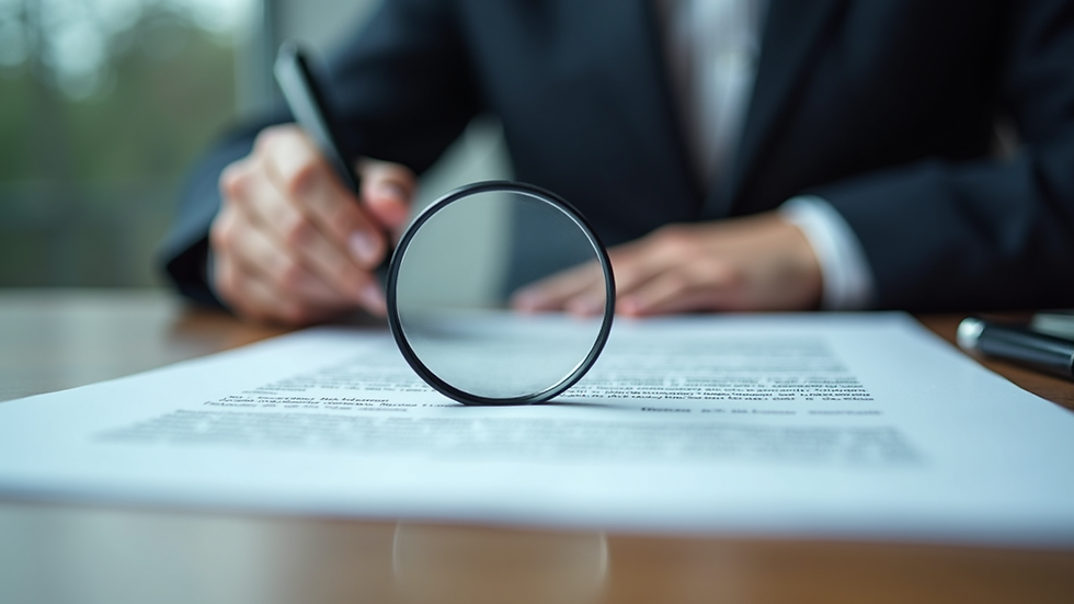 Close-up view of a professional reviewing a legal document with a magnifying glass
