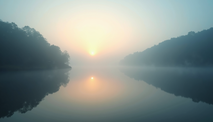 High angle view of a calm lake at dawn, perfect for cold water immersion