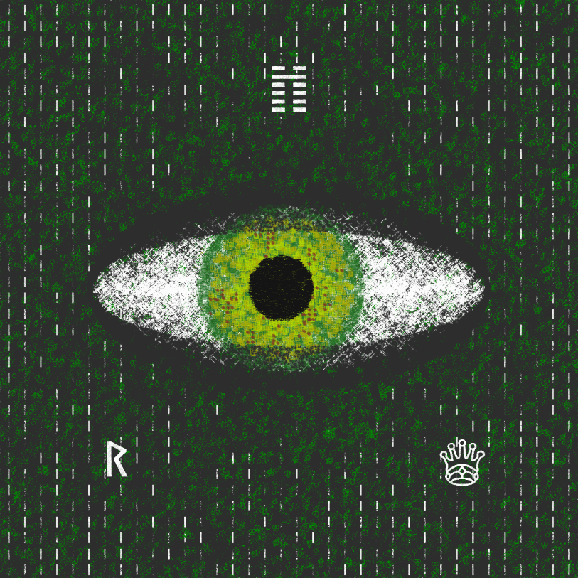 Code Art using unicode characters only to create an image of an eye that is constantly looking around, sometimes blinking. Background has three colours, composed of thoousands of ascii characters shifting and changing.