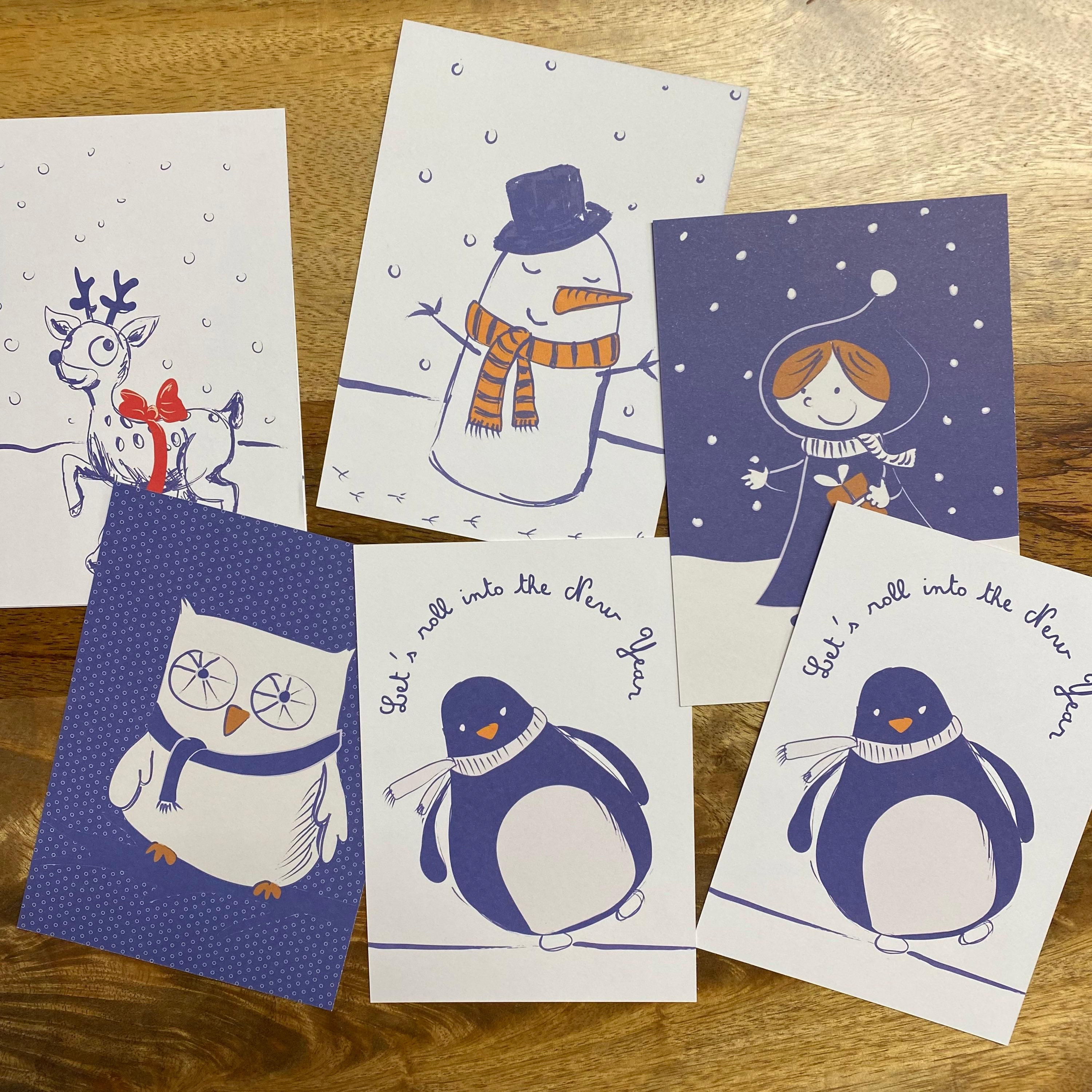 Pakket van 6 kerstkaarten  serie ‘blauw’