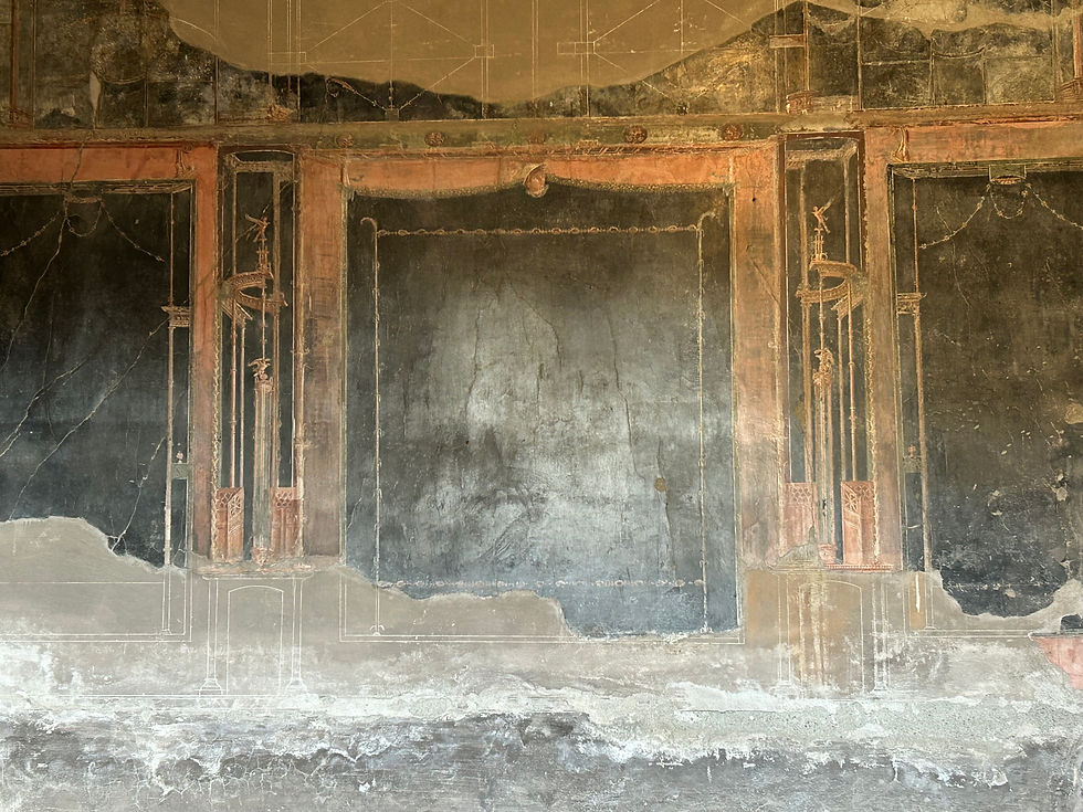 The walls in dining rooms were frequently painted black, reflecting the light from the olive oil lamps in beautiful ways