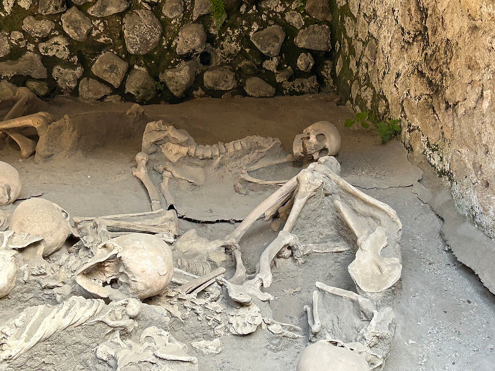 Casts of some of the many victims found on the beach. Their bones have been removed for study.