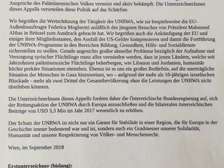 Appell an die Österreichische Bundesregierung: Erhöhung von UNRWA-Beiträgen