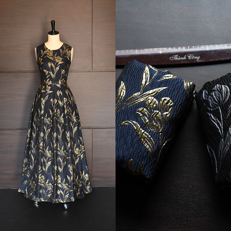 Thumbnail: Wrinkled style - Gấm nhăn - Navy- vàng metallic