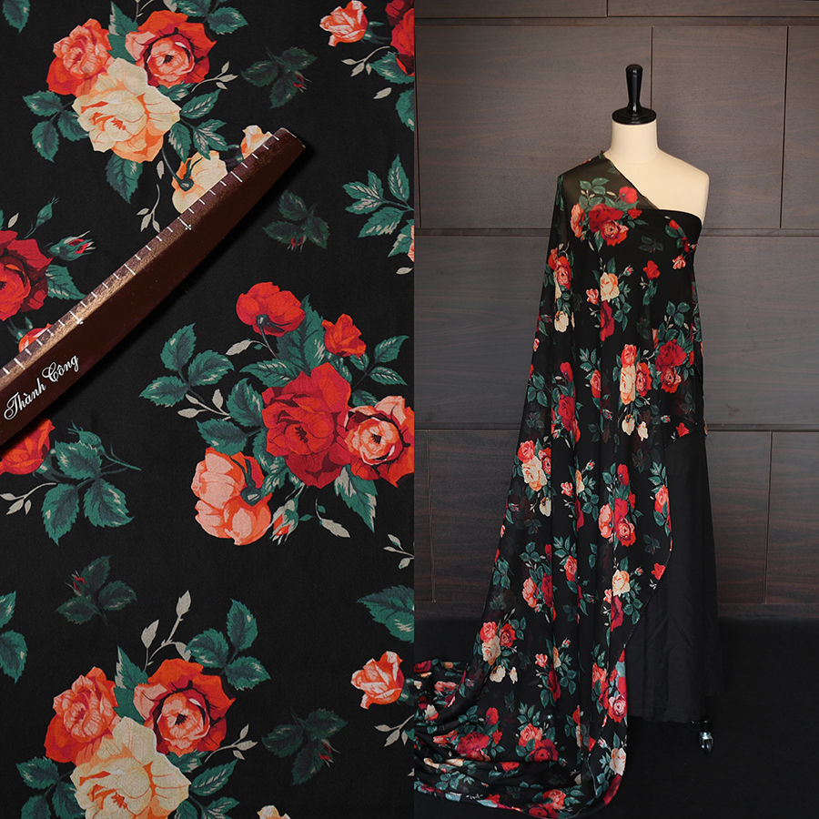 Thumbnail: Silk chiffon 8mm- Hoa hồngđỏ nền đen