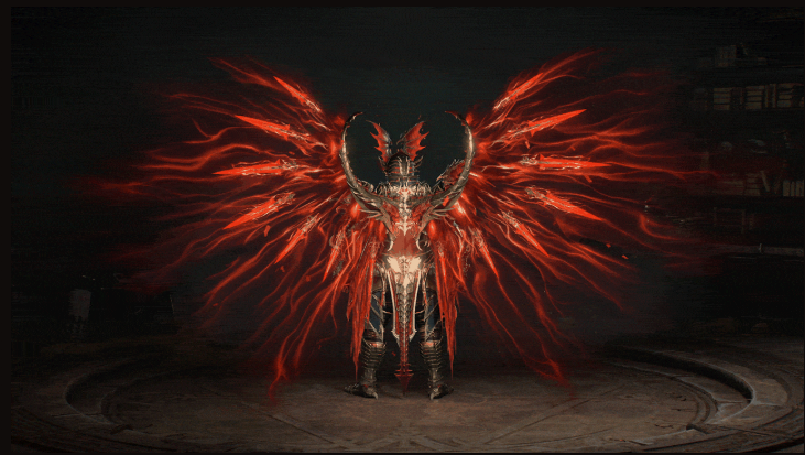 Armored figure with the Wings of the Red Griffin Back Trophy stands in a dark, circular stone room. The scene is dramatic and intense with a menacing aura.