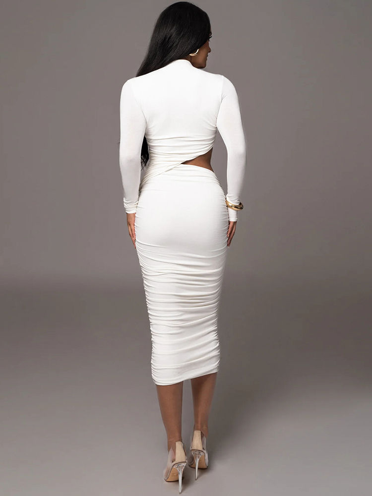 Thumbnail: Casual Women Dress Fashion Sexy Solid Streetwear O-Neck Full Sleeve Hollow Out S