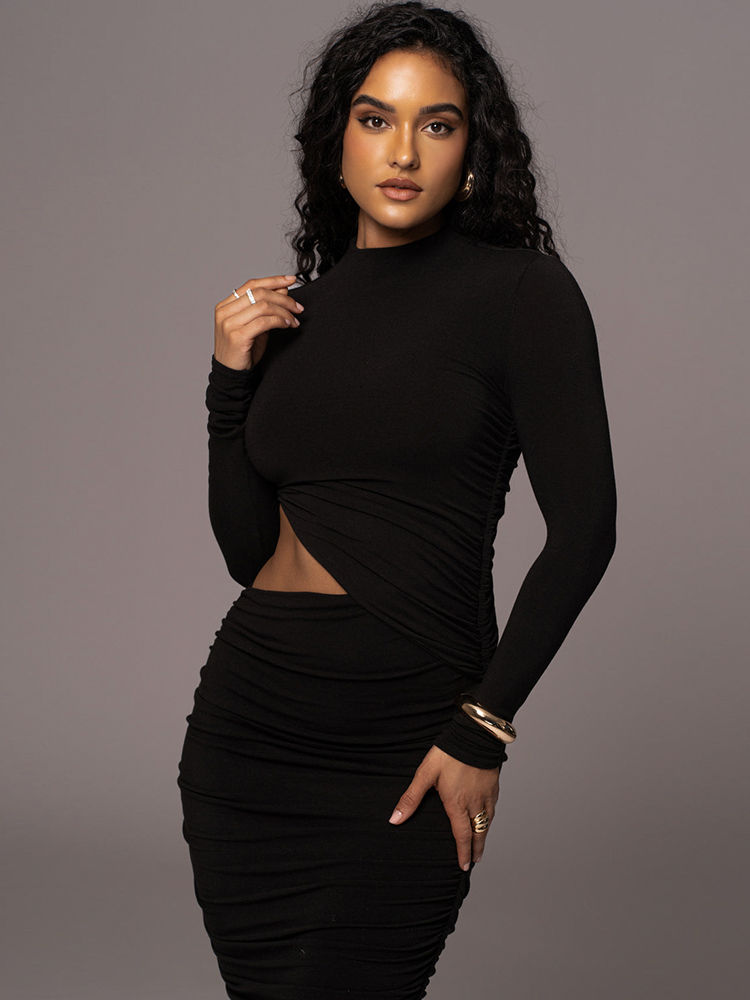 Thumbnail: Casual Women Dress Fashion Sexy Solid Streetwear O-Neck Full Sleeve Hollow Out S