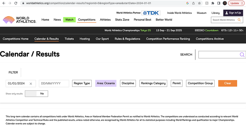 World Athletics calendar web page to sign up for track meets