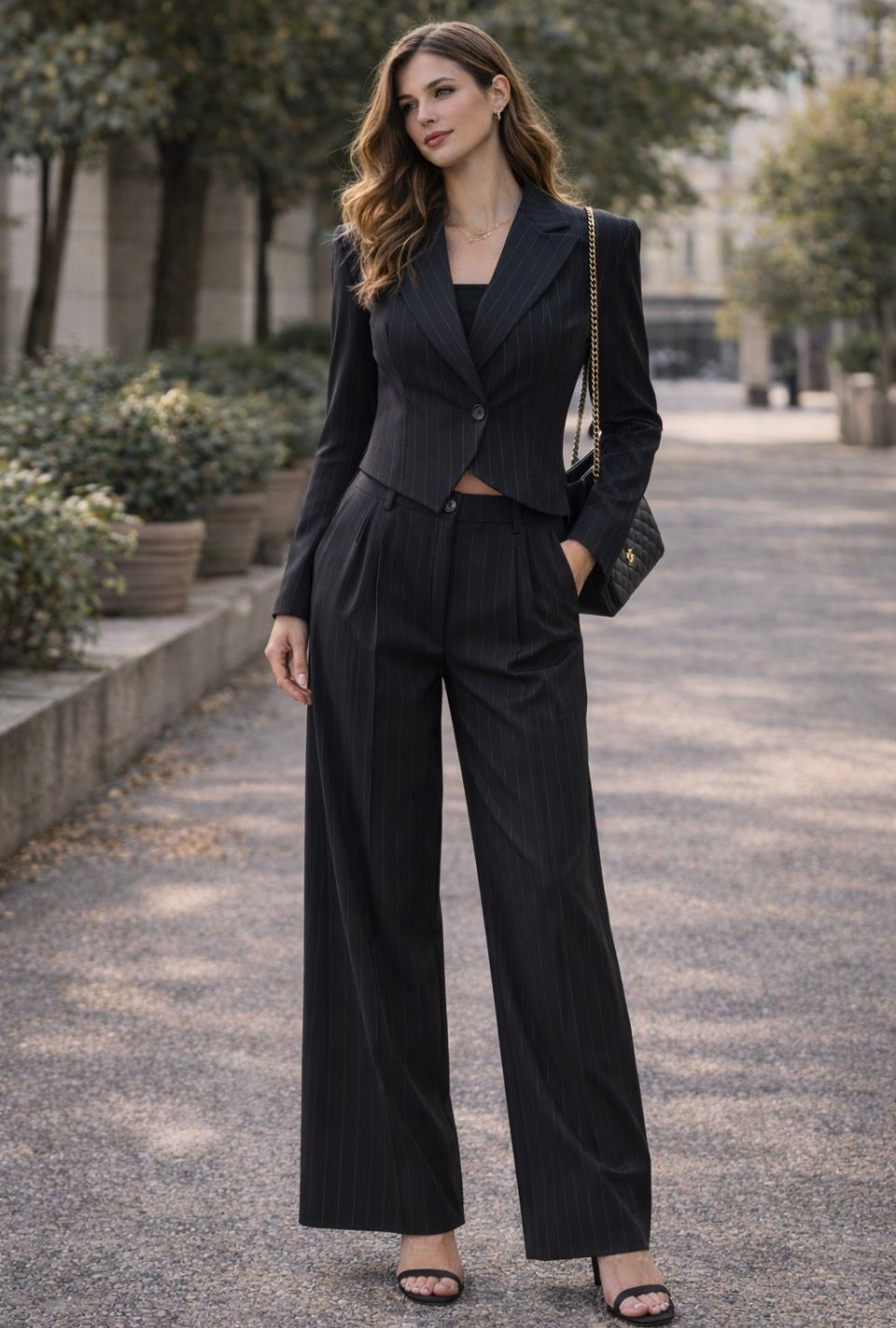 Completo Tailleur gessato con Blazer Cropped