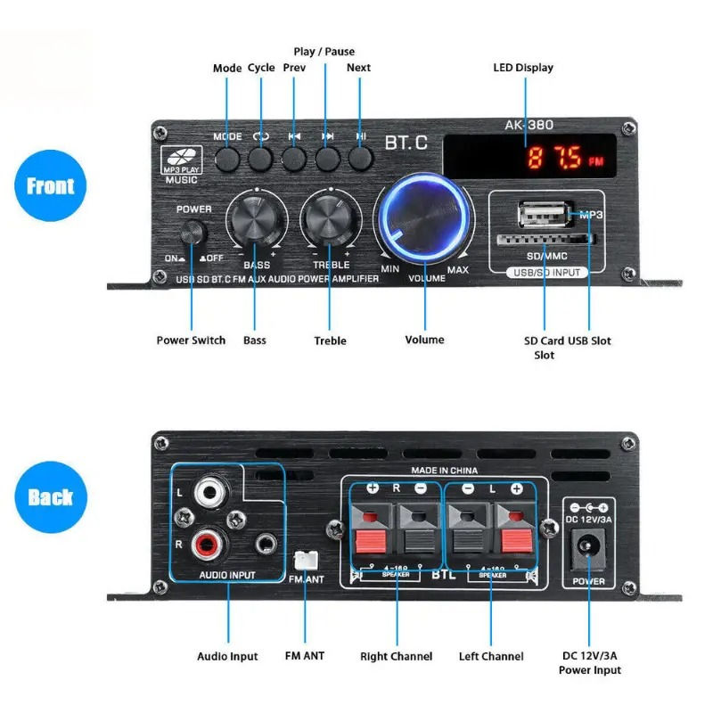 Thumbnail: AK380 Bluetooth Car Home 12V Power Amplifier Device
