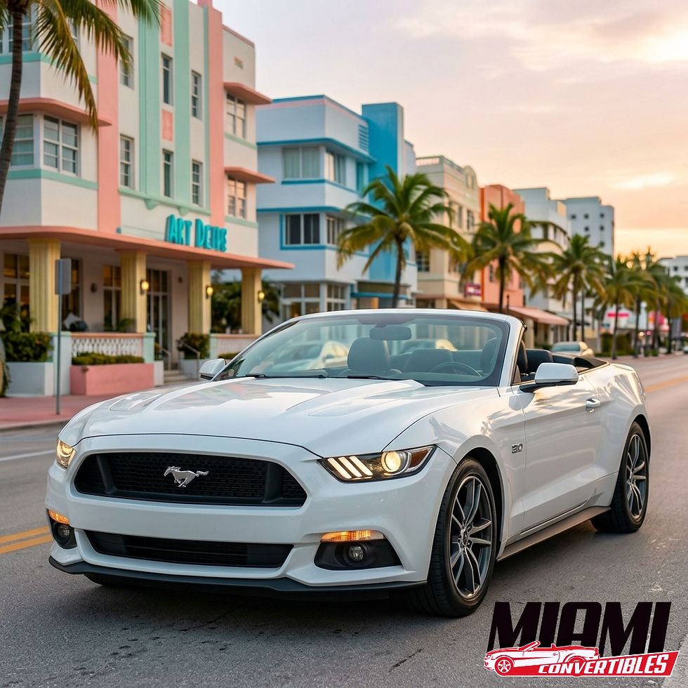 Bachelorette party squad in a Mustang convertible rental on South Beach Miami