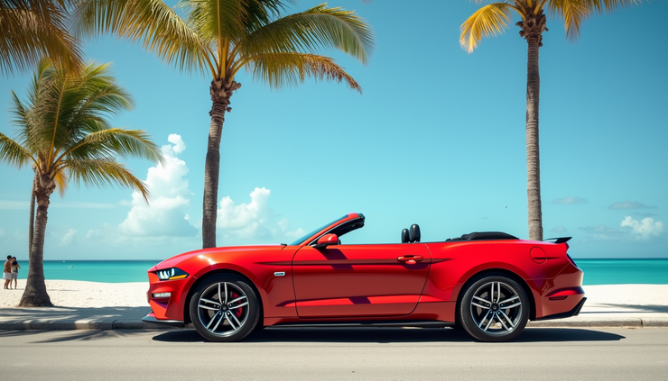 Eye-level view of a red Mustang convertible parked along Miami Beach with palm trees and ocean in the background