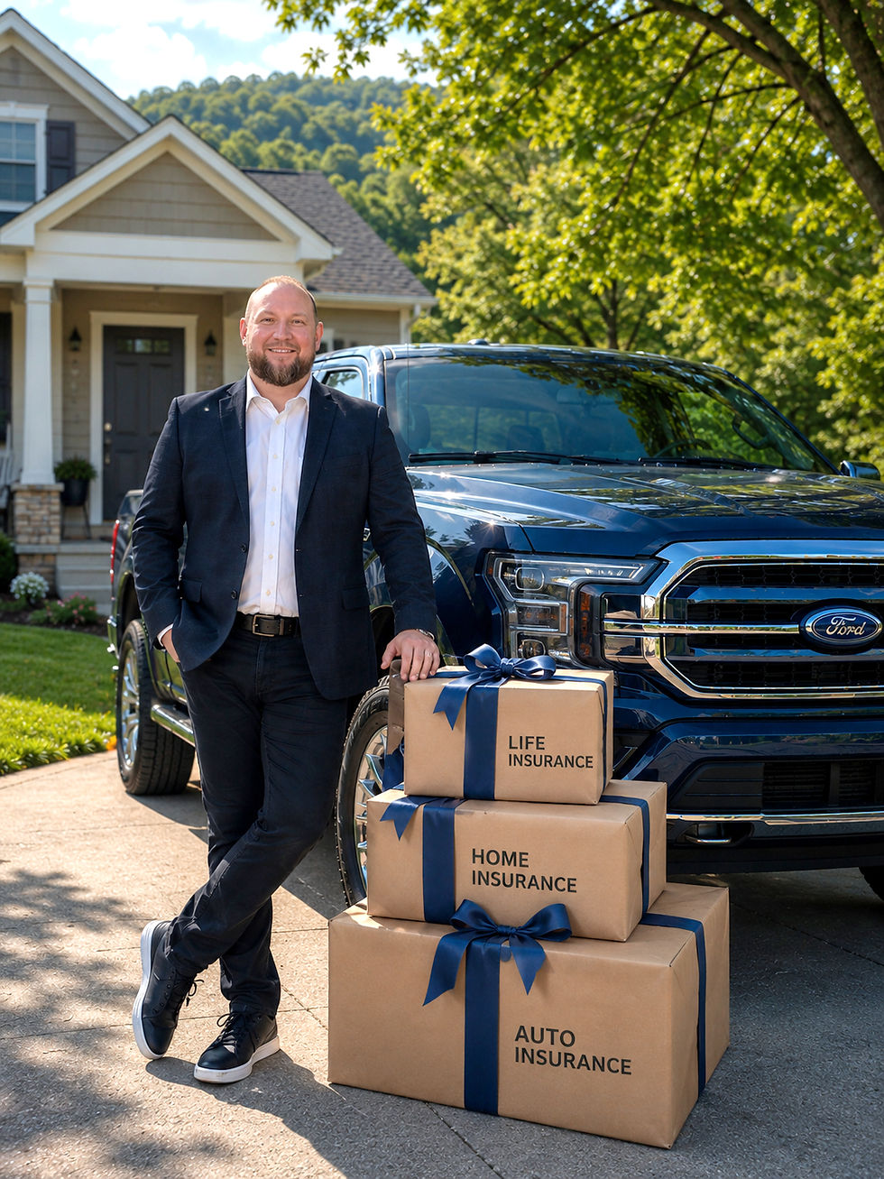 Ben Ashley smiling in suit leans on blue Ford truck beside gift boxes labeled auto, home, and life insurance in a suburban driveway.