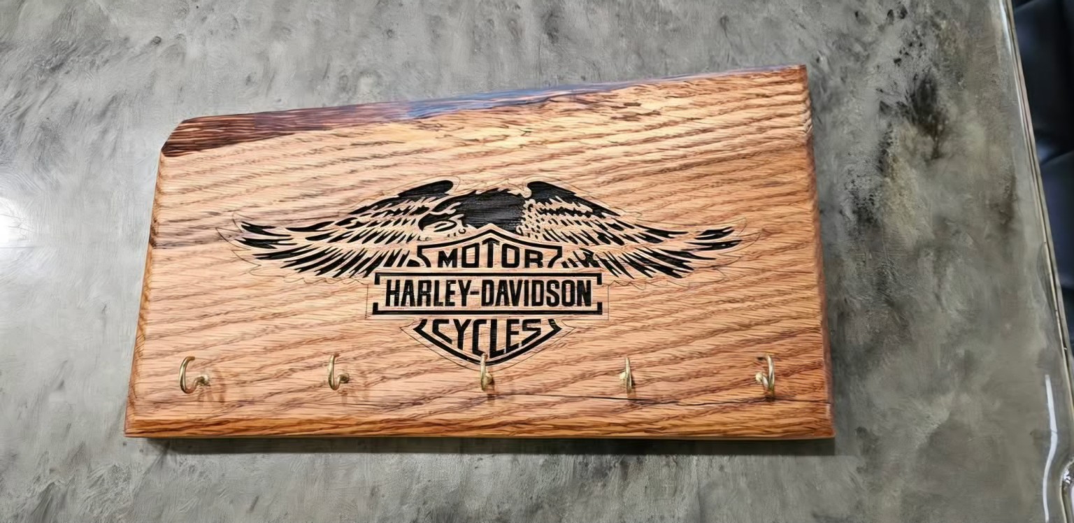 Wooden wall-mounted five-hook key rack with winged Harley-Davidson Motor Cycles engraving