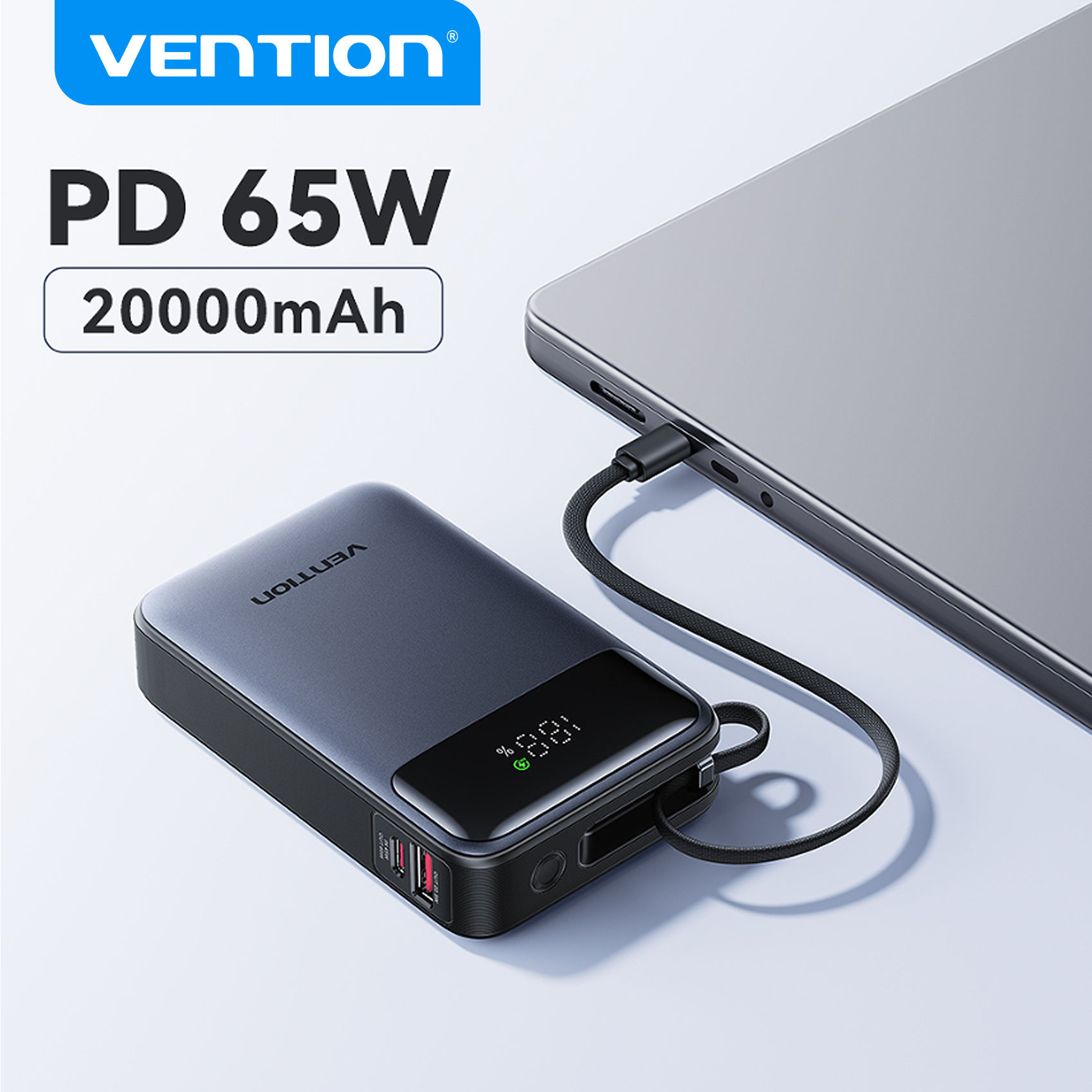 Vention 65W Power Bank 20000mAh Built-in USB-C Cable Portable Powerbank for Lapt