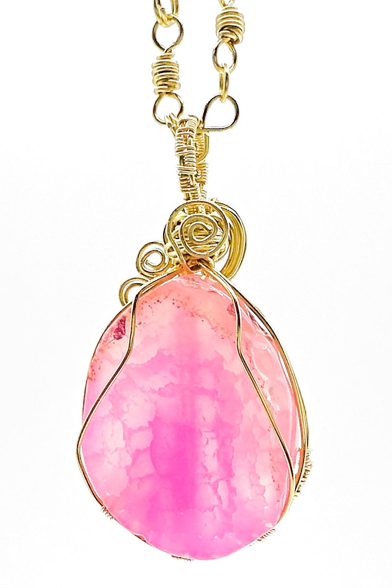 RUBY PASSION Ruby Quartz Pendant Link Necklace - 24" Brass DSC Swirl